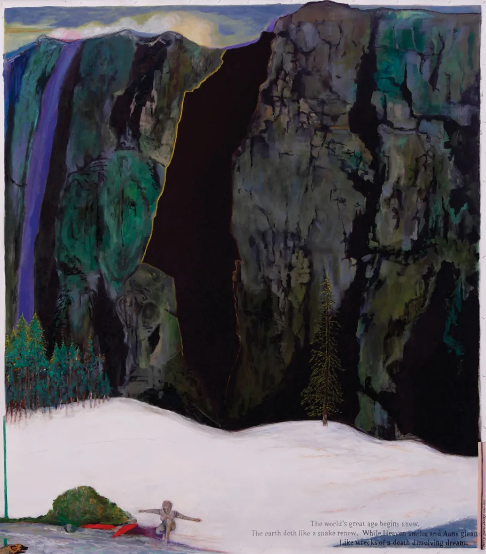 A large painting depicting a snow-covered landscape with a massive, dark canyon and a waterfall cascading over the rocks. At the bottom, a small figure interacts with the environment, and poetic text is inscribed on the painting.