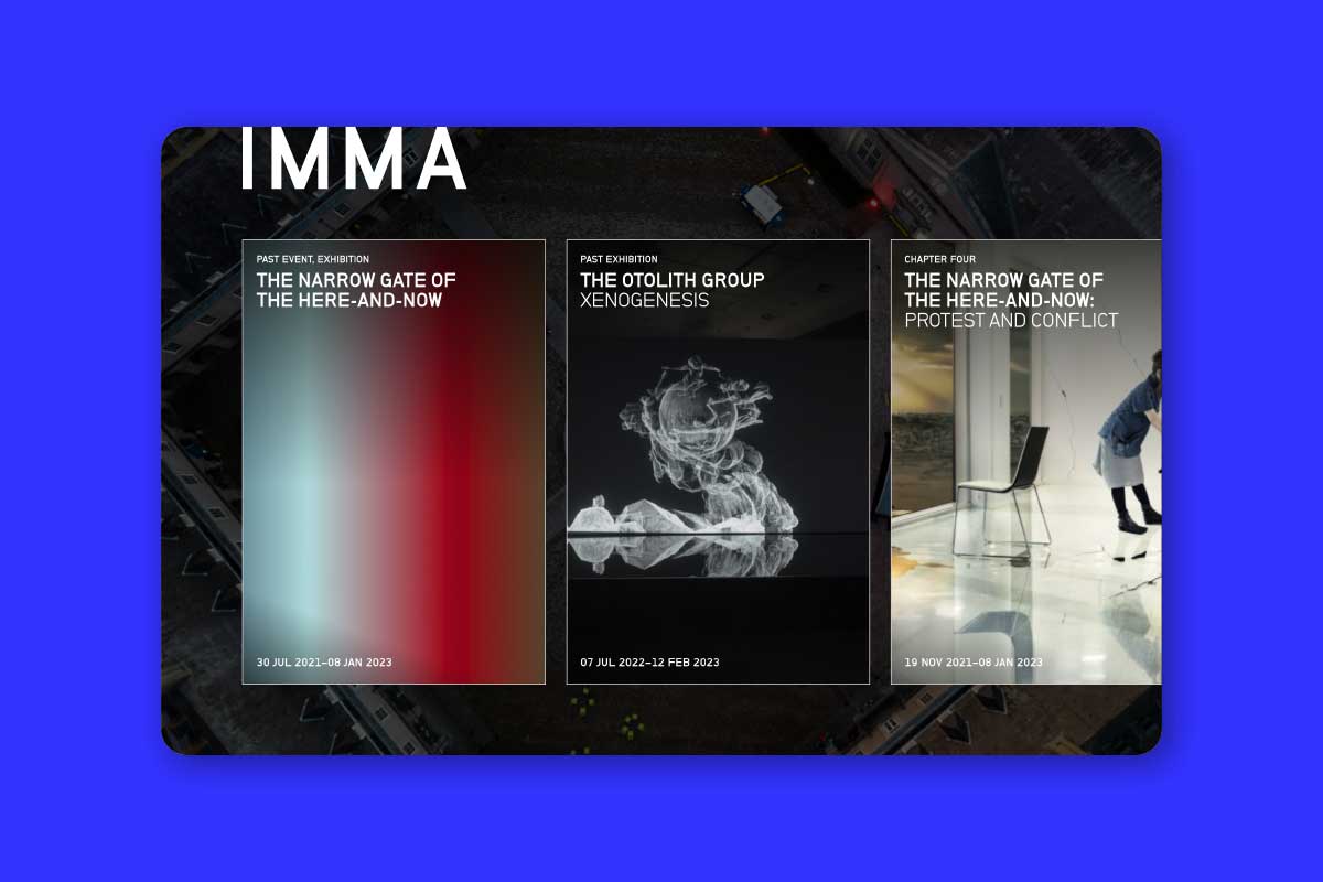 IMMA website homepage showing three event cards: ‘The Narrow Gate of the Here-and-Now,’ ‘The Otolith Group: Xenogenesis,’ and ‘The Narrow Gate of the Here-and-Now: Protest and Conflict.’