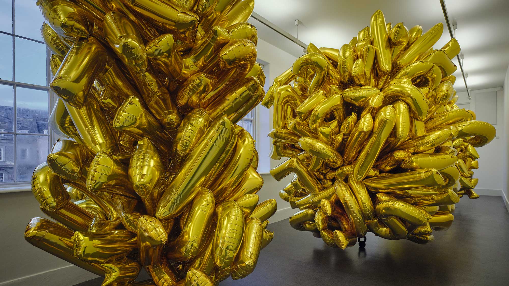 Art installation featuring clusters of shiny gold balloons arranged in large spherical shapes, placed in a bright gallery space with large windows.