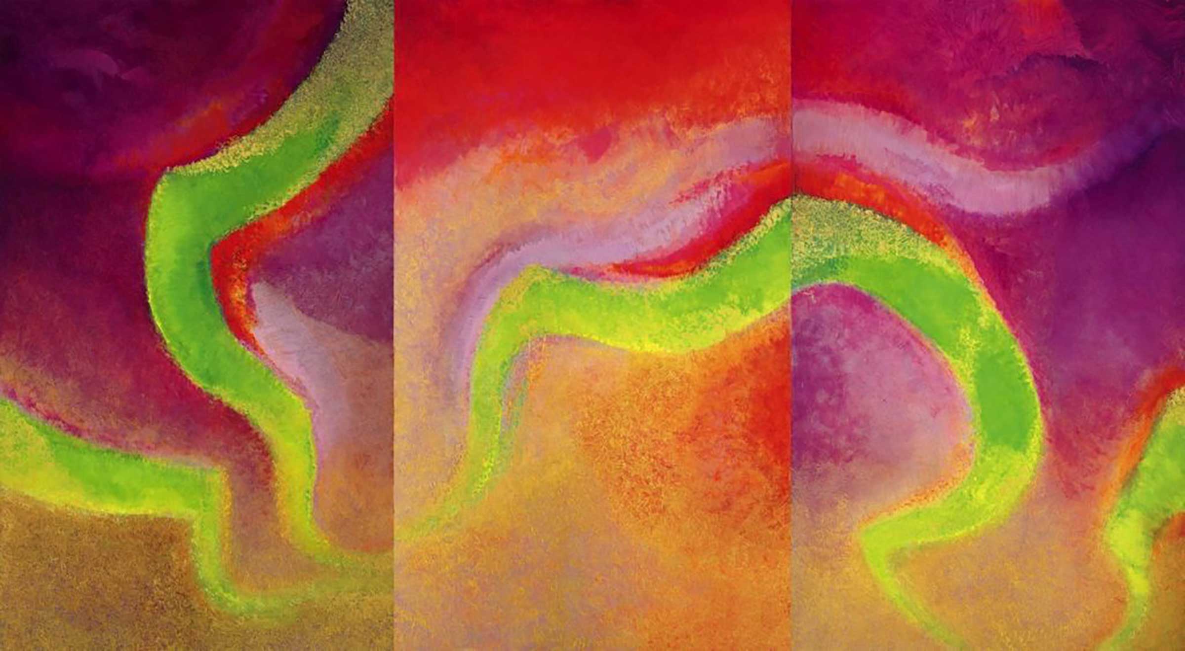 An abstract triptych painting with swirling, vibrant colours. The composition features undulating green waves against a backdrop of deep purple, bright red, and orange, evoking a dynamic, organic energy. The texture appears rich with layered gradients, giving a sense of movement across the three panels.